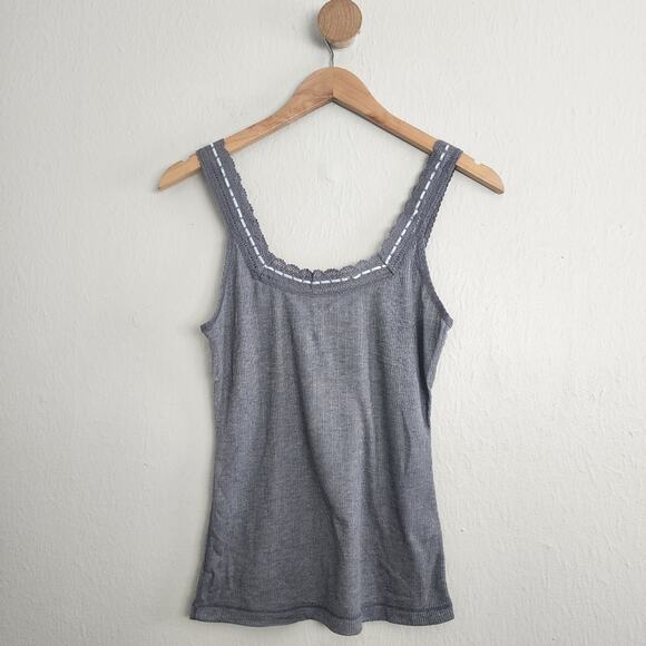 NEW Free People Only You Gray Cotton Ribbed Tank Top with Lace Trim - Picture 4 of 11